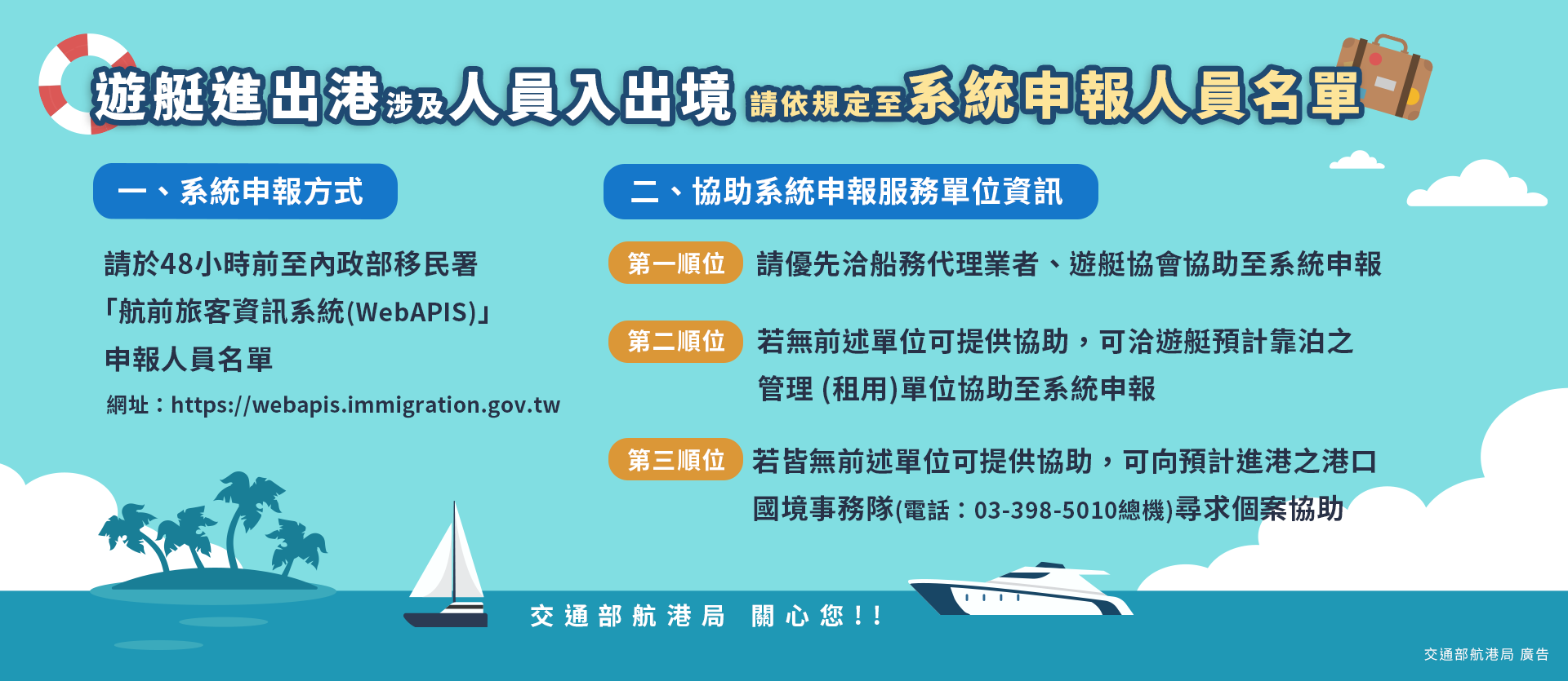遊艇進出港涉及人員入出境請依規定置系統申報人員名單